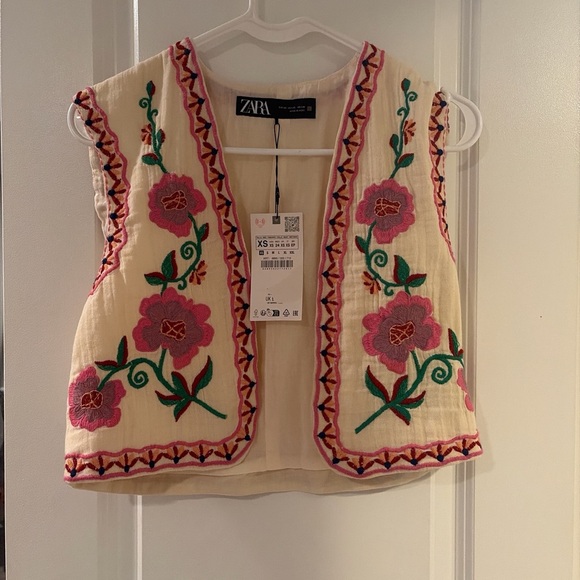 Zara Tops - NOT FOR SALE Zara Cream Vest with Pink and Green Embroidery